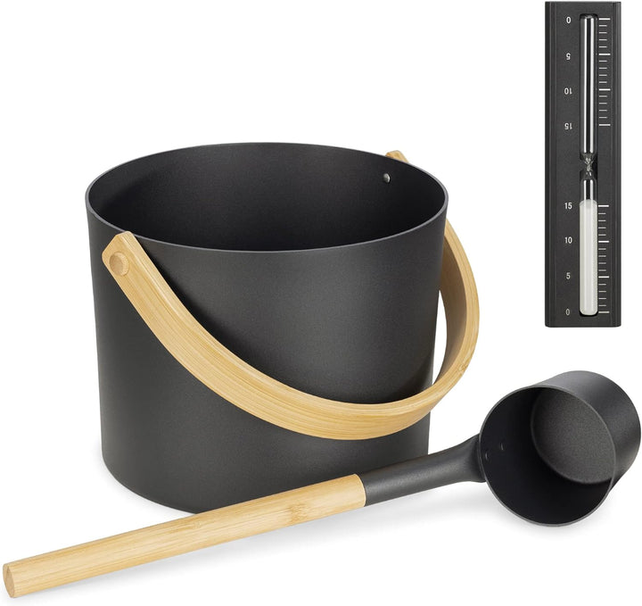 Navaris Aluminium Saunakübel mit Kelle und Sanduhr - Metall Sauna Kübel - Aufgusseimer Set 3tlg. Sau