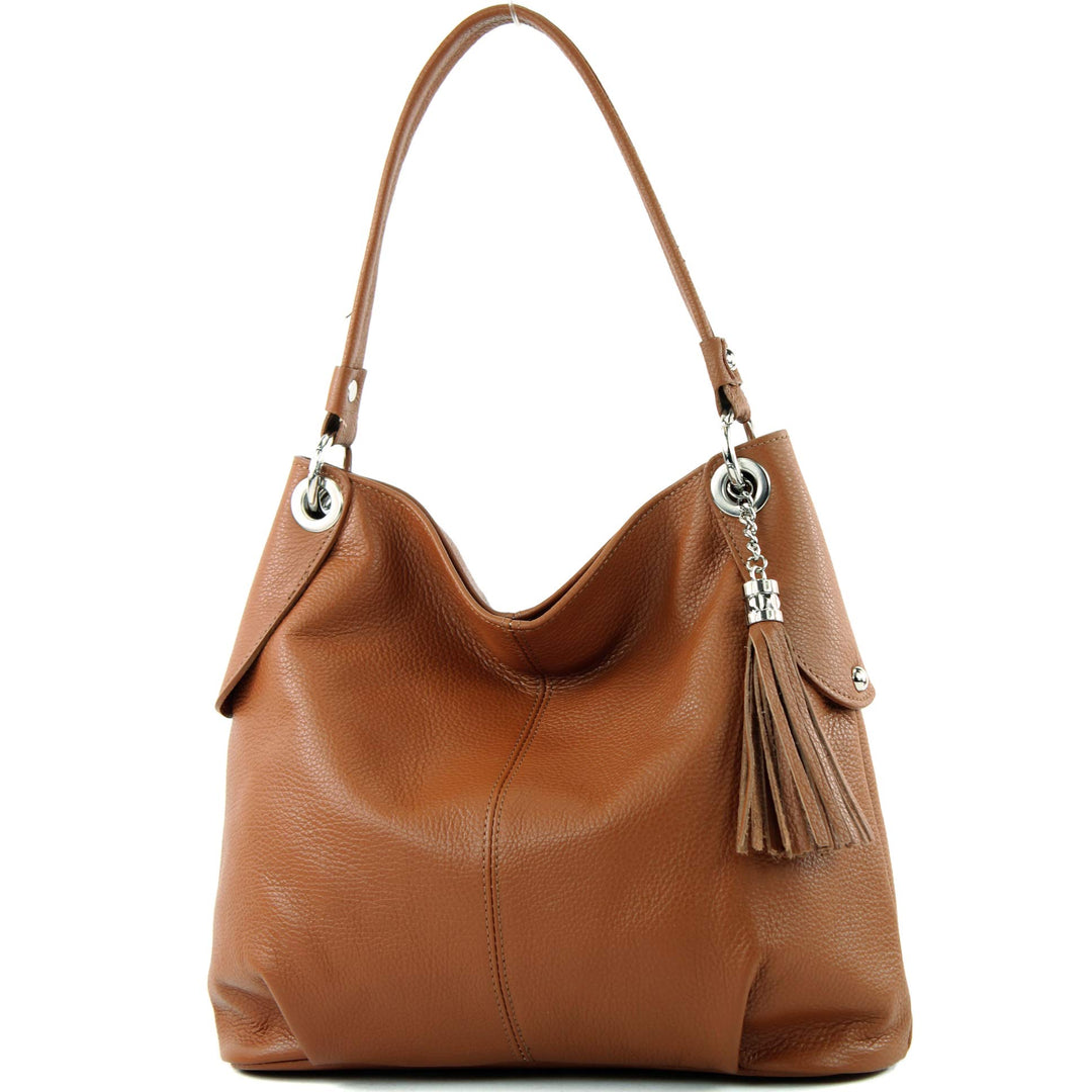 modamoda de T185 Damen Leder Schultertasche, handmade in Italy Cognac, Cognac