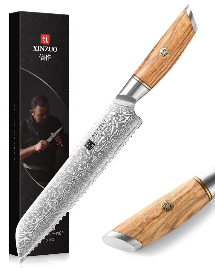 XINZUO Damaststahl Brotmesser 21.2cm, Damastpulverstahl 73 Schichten Küchenmesser, Profi Scharf Dama