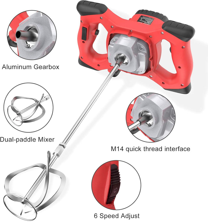 IMAYCC Elektrischer tragbarer Betonmischer, 2100W Mörtelrührer, Einstellbarer M14 Rühreradapter, zum