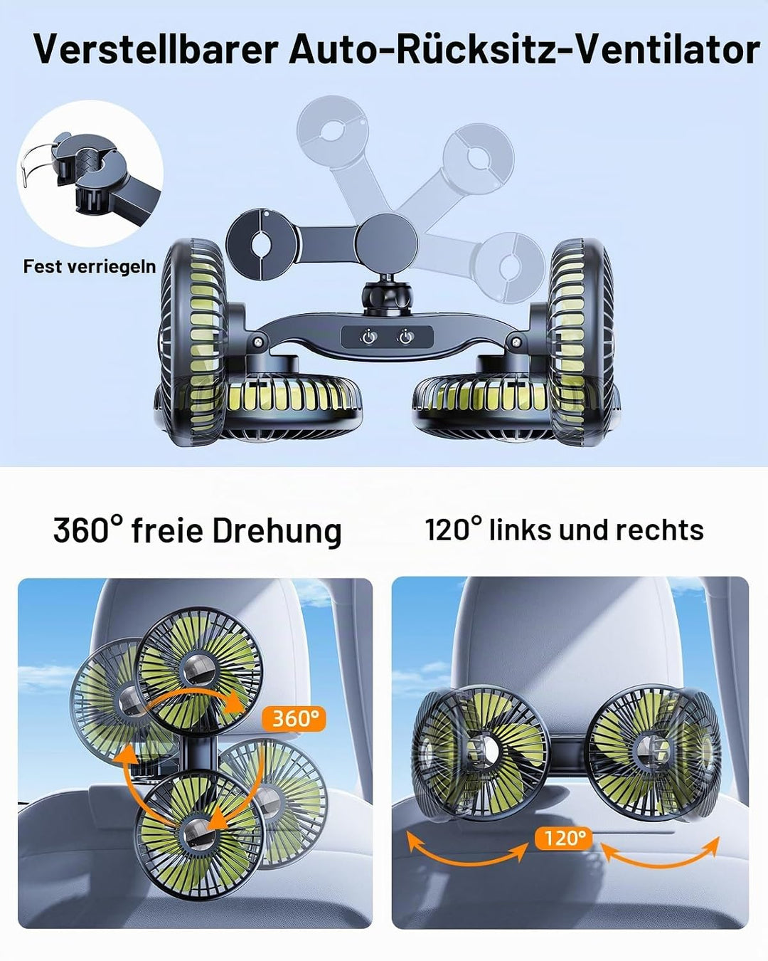 Akku Ventilator für Auto Rücksitz mit Einziehbarem Langem Arm, [Geschenk-Kfz Ladegerät & USB-C Kabel