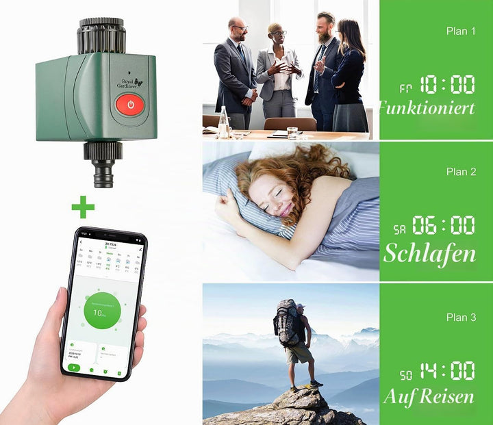Royal Gardineer Elesion Bewässerung: 2er-Set WLAN-Bewässerungscomputer mit Ventil, App-Wetterdatenab
