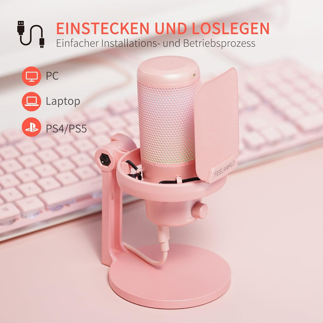 FEELWORLD VM1 USB-Gaming-Mikrofon für die Aufnahme von Podcasts,Pink Formfaktor,Studio PC Mikrofon m