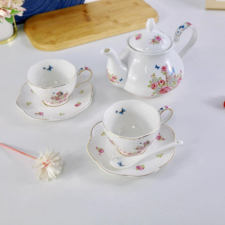YBK Tech Strength Porzellan-Kaffeekanne, Keramik-Teekanne, rosa Rose (Teekanne + 2 Sets Tassen und U