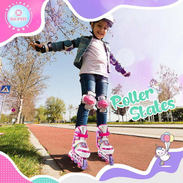 SULIFEEL Rainbow Unicorn Verstellbare Schwarz Rollschuhe für Kinder mit Leuchtenden Rädern für Junge