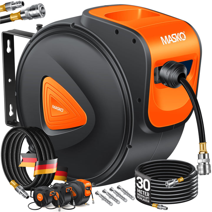 MASKO® Automatik Druckluftschlauch Aufroller 30m – Schlauchtrommel mit 1/4" Anschluss, Schlauchaufro