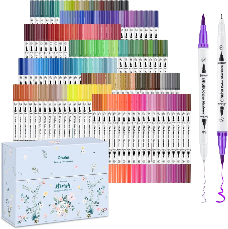 Ohuhu 160 Brush Pen Set, Filzstifte Doppelseitig Pinselstifte Aquarell Marker Fineliner Set für Kall