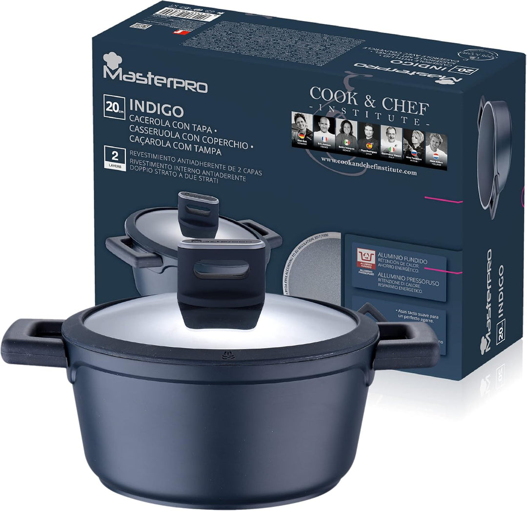 MasterPRO Indigo | Topf mit Deckel 20 cm x 10 cm | Kochtopf Antihaftbeschichtet aus Aluminiumguss |