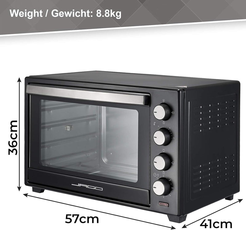 Jago® Minibackofen mit Umluft - 30/48/60L, 1600/2000W, 100 bis 230°C, Timer (0-60 Min), mit Drahtgit