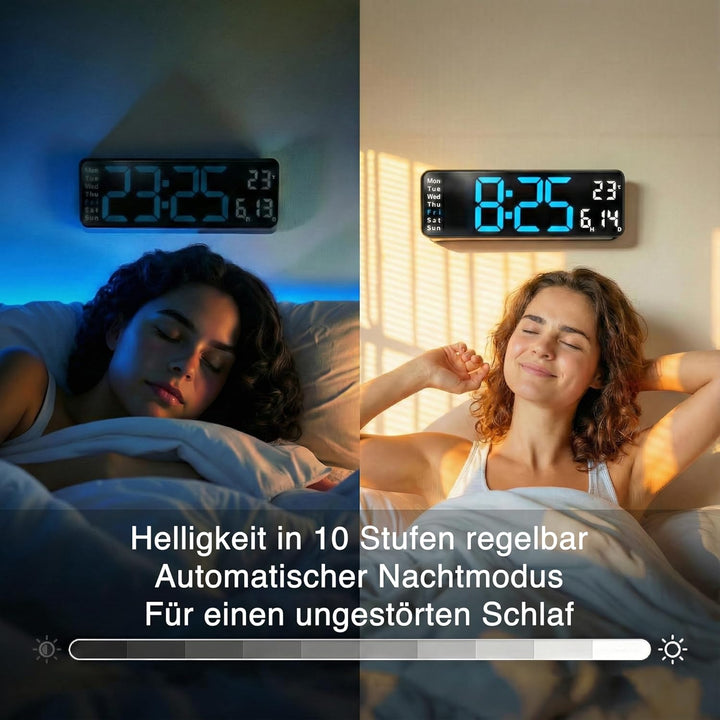 OPIS Clock 1 XL 32 cm – Wanduhr Digital in Blau mit Fernbedienung, Temperaturanzeige, Datum, Wochent