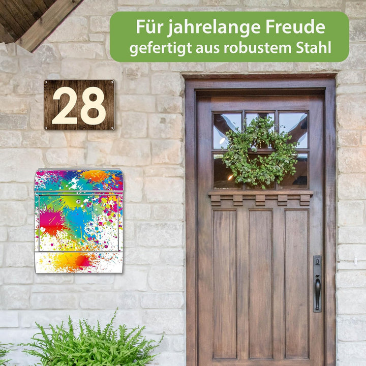banjado® Design Briefkasten mit Motiv Farbspritzer 39x47x14cm &amp; 2 Schlüssel - Briefkasten Stahl Silb