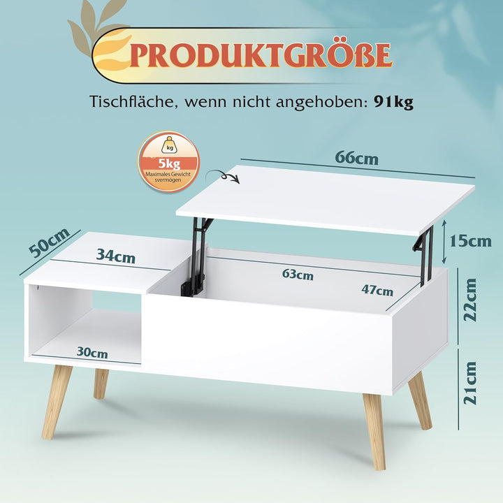 WLIVE Couchtisch Höhenverstellbar und Ausziehbar, Wohnzimmertisch mit Grossem Verstecktem Staufach,