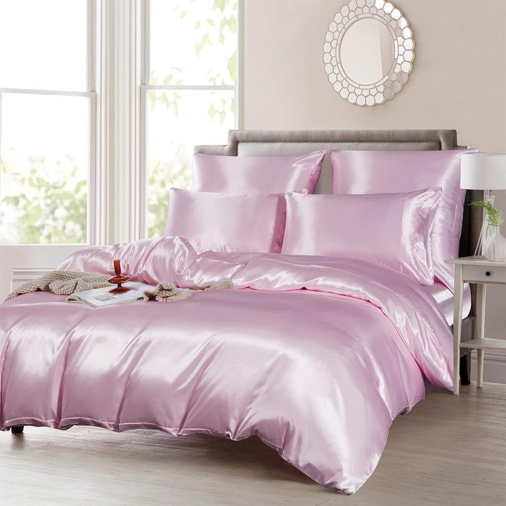 Damier Bettwäsche 135x200cm Rosa Satin Bettbezug Set Glatt Glänzend Hochwertiges Satin Deluxe Decken