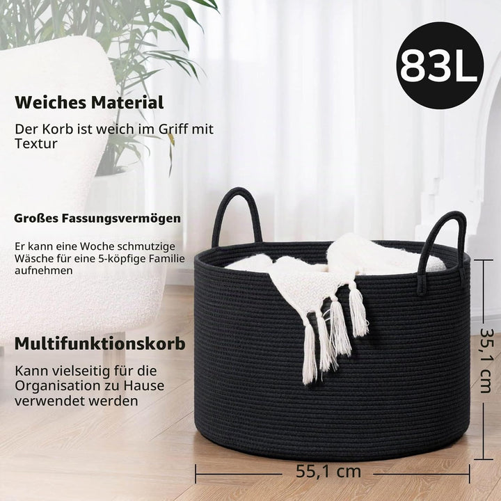 TIMEYARD Aufbewahrungskorb Gross Baumwolle Geflochten 55x35cm Schwarz | Grosser Korb für Decken, Kis
