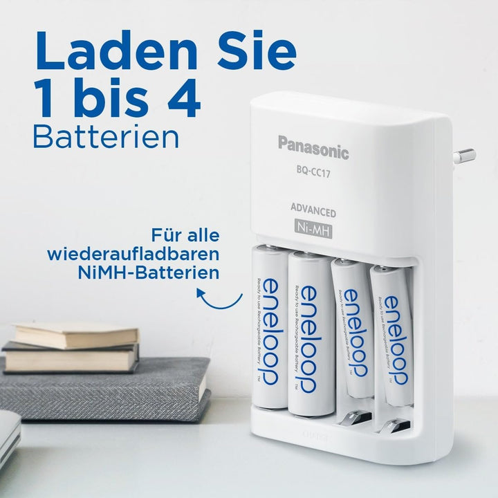 Panasonic eneloop Smart Ladegerät für 1–4 AA/AAA NI-MH-Akkus, mit 4 LED-Anzeigen und 7 Sicherheitsfu
