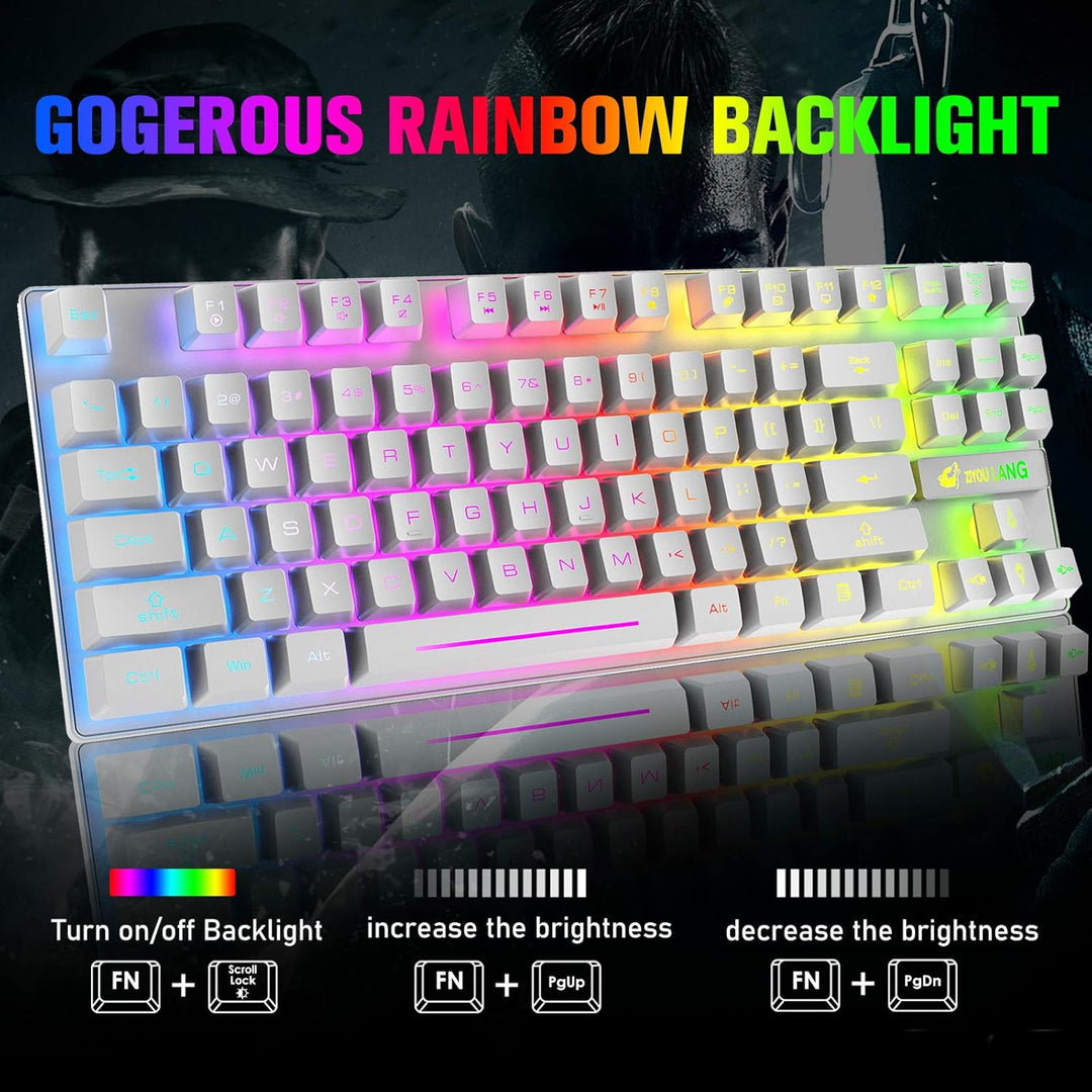 Kabellose Gaming-Tastatur und Maus, 87 Tasten, Regenbogen-LED-Hintergrundbeleuchtung, wiederaufladba