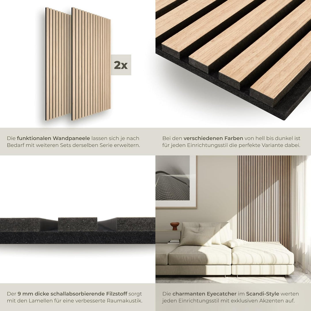 tectake® Akustikpaneele Echtholzfurnier 2er Set, effektiver Schallschutz, MDF Holzlamellen, Schalldä