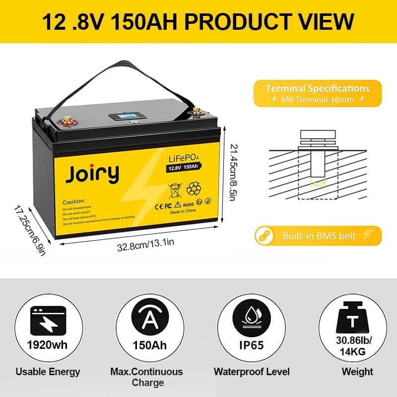 Joiry 12V 150Ah 1920Wh LiFePO4 Akku LED Display Lithium Batterie mit über 8000 Mal Tiefzyklen und BM