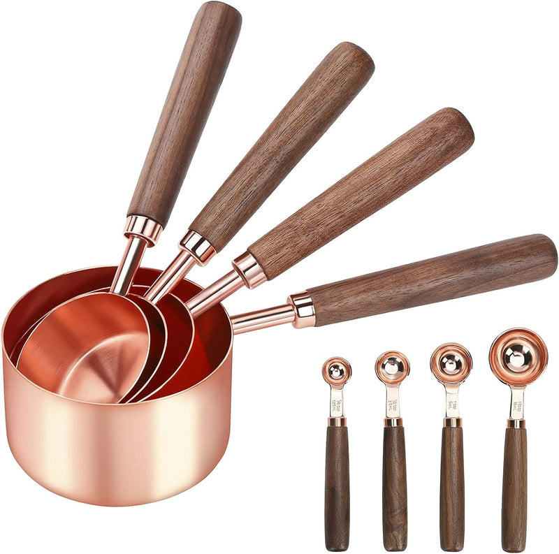 GuDoQi Messlöffel und Messbecher Set, 8 Stück, Premium Edelstahl Spiegel Poliert, 4 Holzgriff Messbe