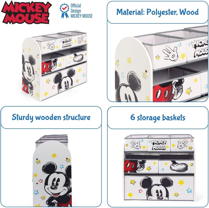 ARDITEX – Organizer aus Holz mit 6 Textilboxen mit Mickey-Mouse-Motiv von Disney – 62x30x60cm – Farb