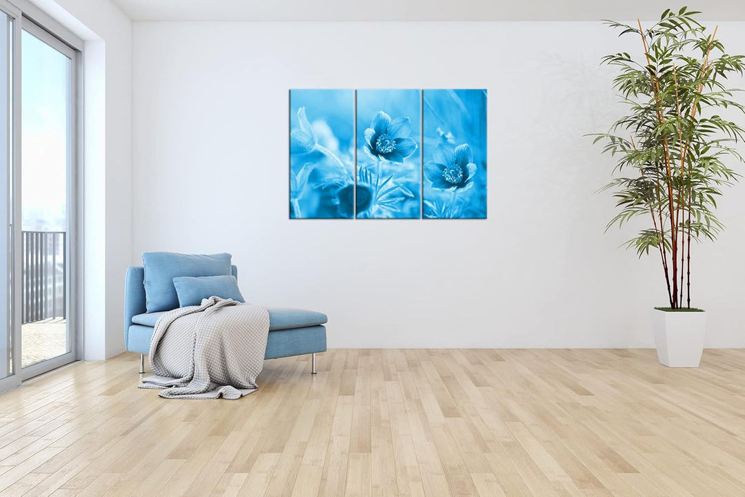 deyoli bezaubernde Blumen Format 120x80 3Teilig Effekt: Monocrome Blau als Leinwandbild, Motiv ferti