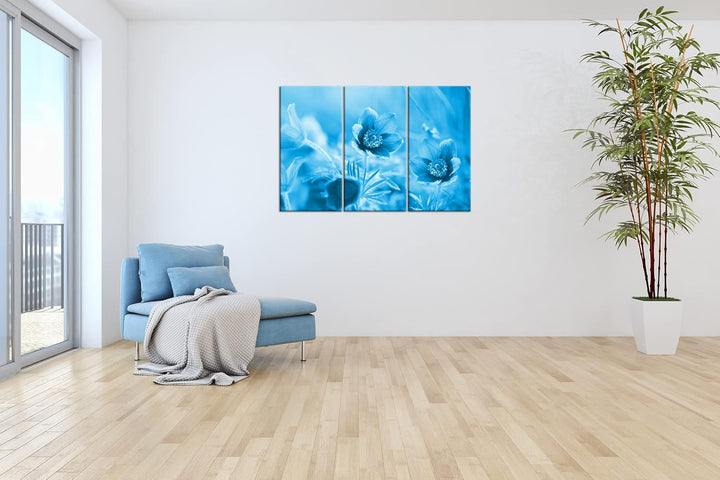 deyoli bezaubernde Blumen Format 120x80 3Teilig Effekt: Monocrome Blau als Leinwandbild, Motiv ferti