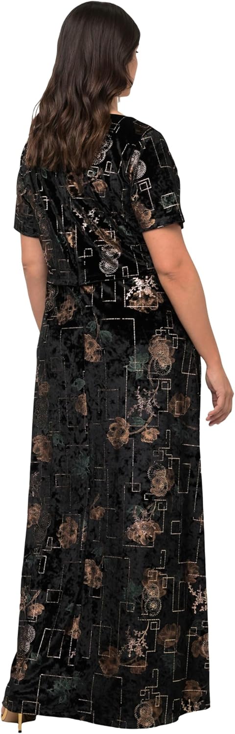 Ulla Popken Damen Abendkleid aus Samt mit Foilprint Kleider 50-52 Schwarz, 50-52 Schwarz