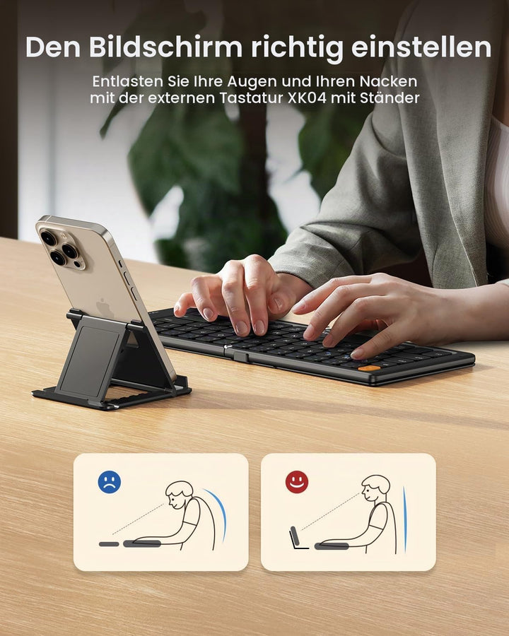 ProtoArc XK04 Faltbare kompakte Tastatur, US Layout tragbare Bluetooth-Tastatur mit PU-Lederbezug, k