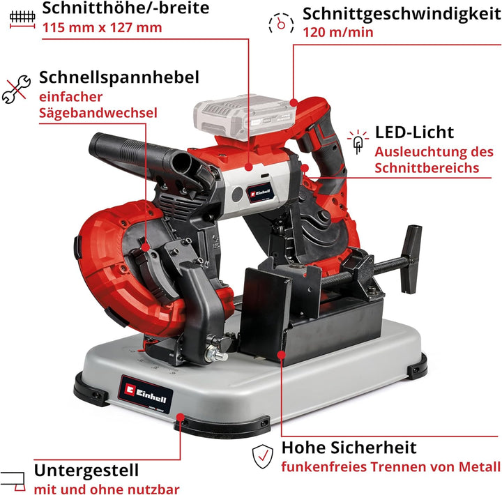 Einhell Akku-Bandsäge TE-MB 18/127 U Li-Solo Power X-Change (18 V, 115 mm Schnitthöhe, 127 mm Schnit