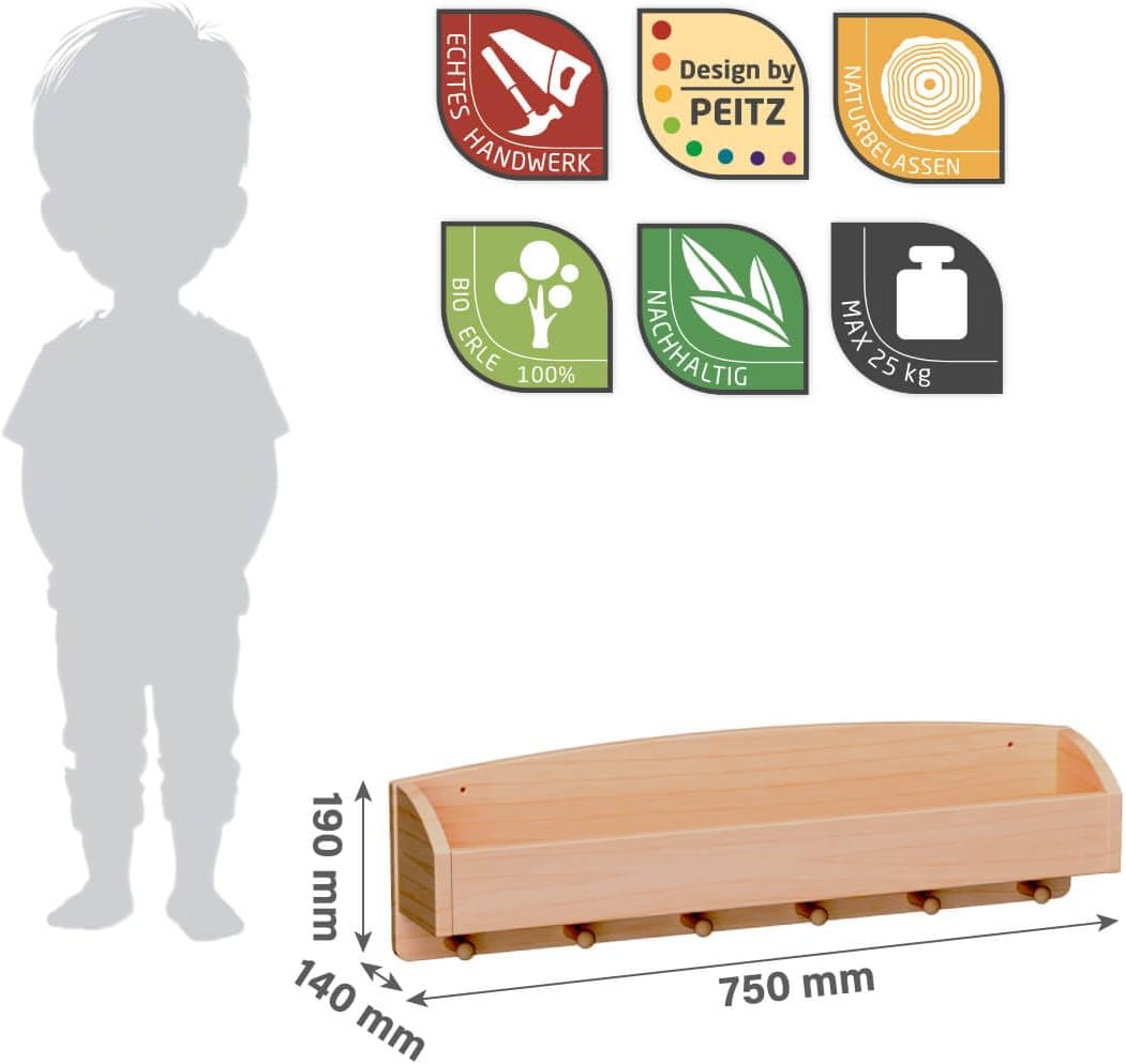 Holzspielzeug Peitz Kinder Wand-Garderobe Mützen-Ablage | Kinderzimmermöbel | Massivholz 8054