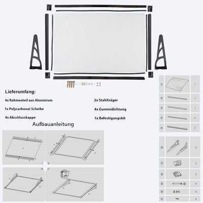 TrutzHolm® Aluminium Vordach Haustürvordach Pultvordach 150 x 90 cm Schneelast 95kg | Polycarbonatpl