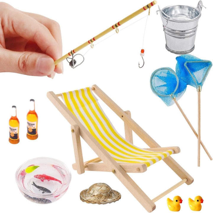 Super Idee Miniatur Angelrute Set 11er Set Angelstuhl Fischernetz Strohhut Fischschale mit Fischer A