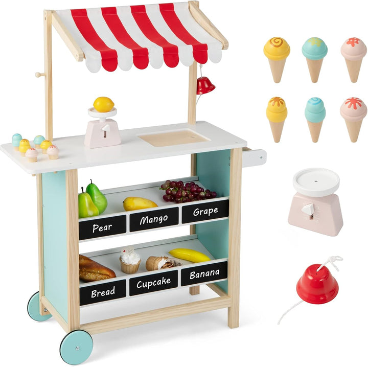 HOMASIS Kinder Eiswagen inkl. Zubehör, Kaufladen mit 6 Spielzeug-Eiscreme, Eisdiele mit beweglichen