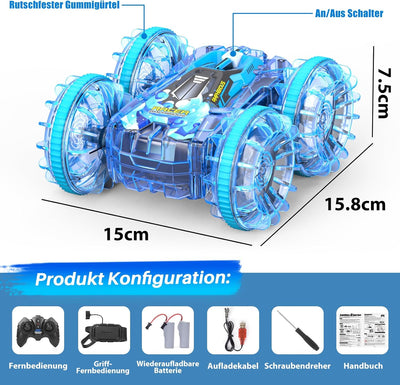 AmazeFun Amphibienfahrzeug Ferngesteuertes Auto ab 4 5 6 7 8 9 Jahre 4WD 360° RC Auto Indoor & Outdo