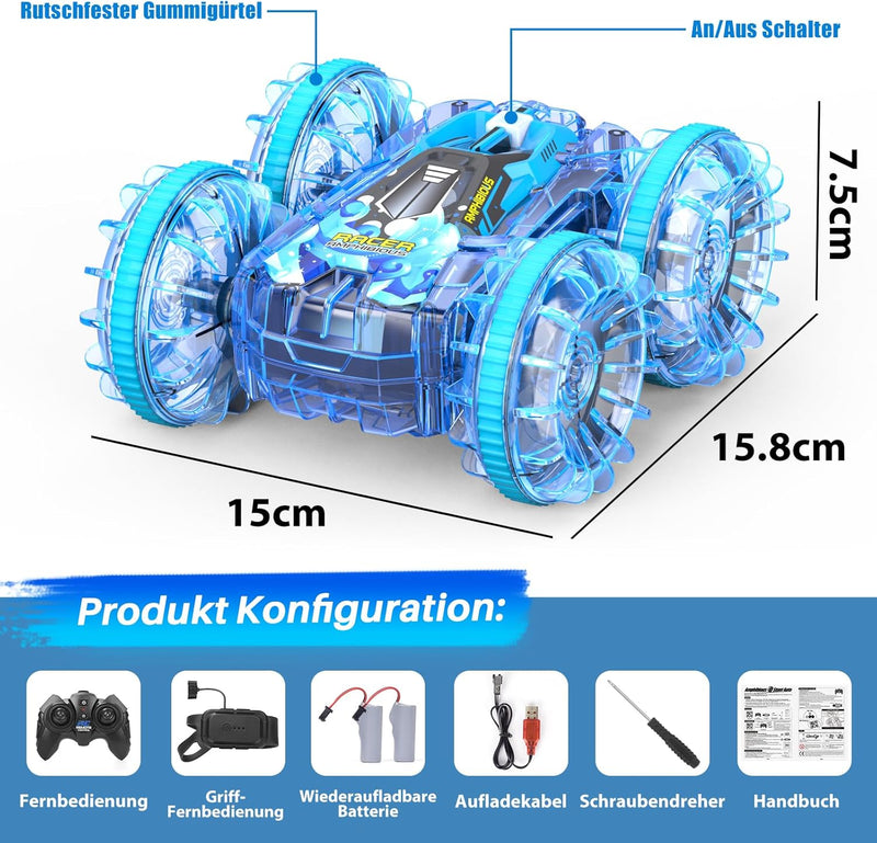 AmazeFun Amphibienfahrzeug Ferngesteuertes Auto ab 4 5 6 7 8 9 Jahre 4WD 360° RC Auto Indoor & Outdo