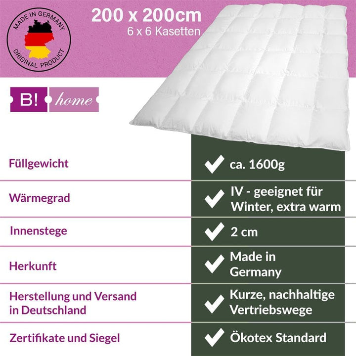 B!HOME Winterdecke extra warm 100% Daunen 200x200cm (1600g) Kassettenstegbett Bezug 100% Baumwolle D