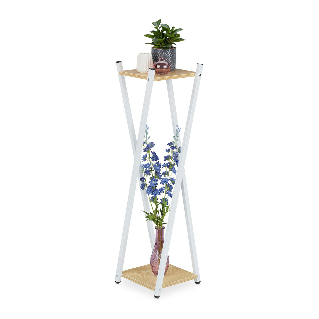 Relaxdays Blumenständer, 2 Etagen in Holzoptik, Metall, MDF, moderner Blumenhocker, HBT: 99 x 29 x 2