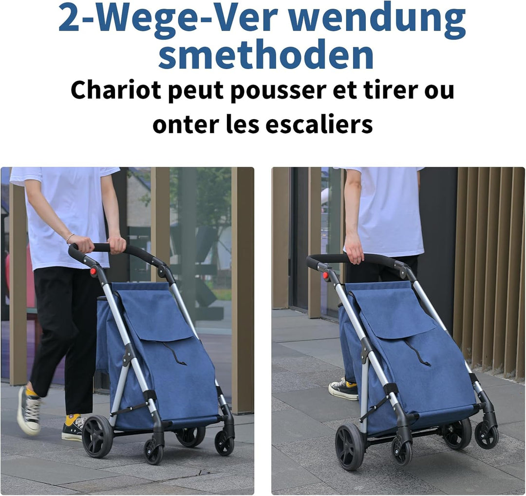 Einkaufstrolley, 46L Trolly Einkaufswagen Klappbar, 4 Rädern Aluminium Leichtgewicht Einkaufstrolley