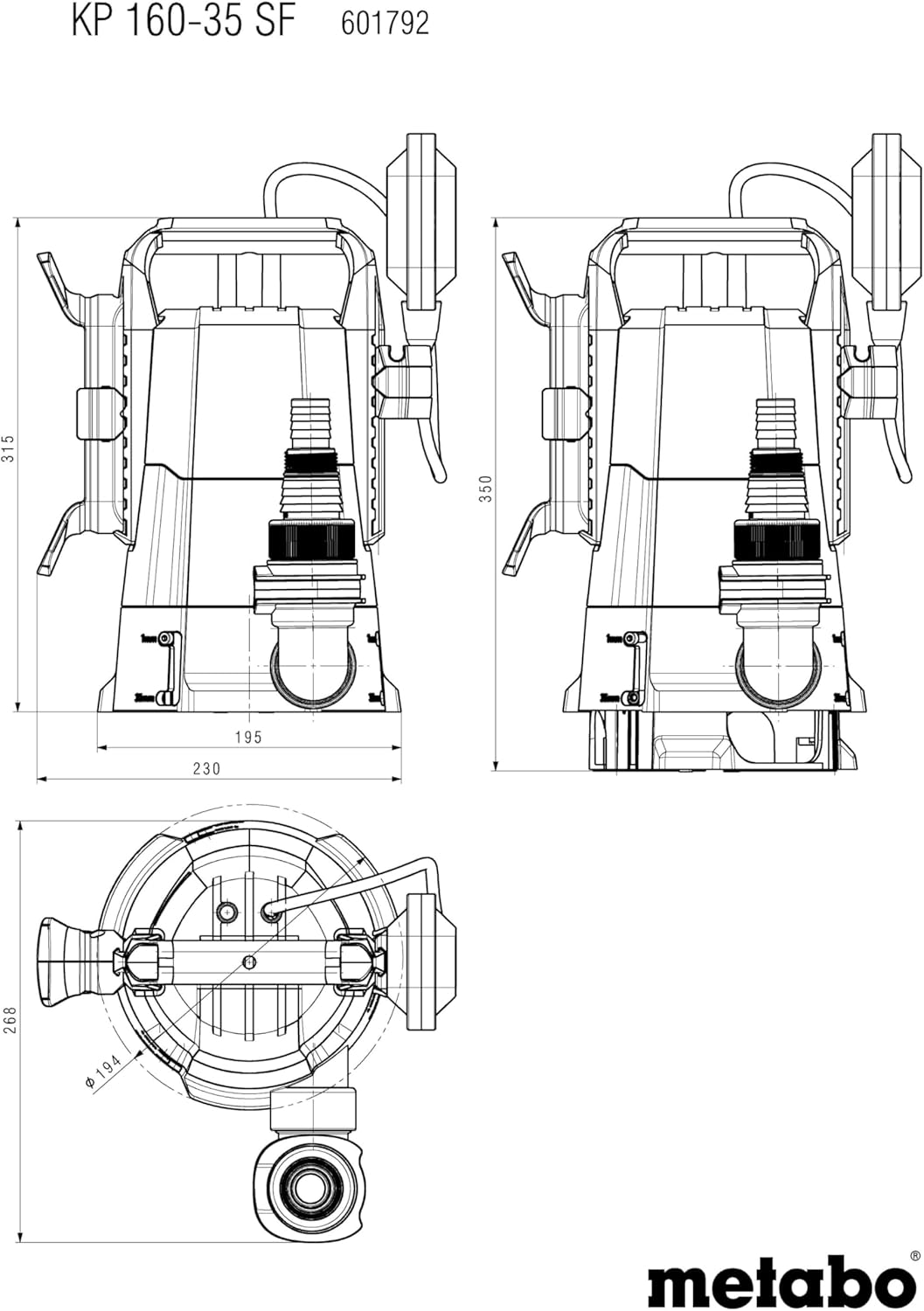 metabo Kombi‑Tauchpumpe KP 160‑35 SF - 500 W, 16.000 l/h, flachabsaugend bis 1 mm, Partikel bis 35 m