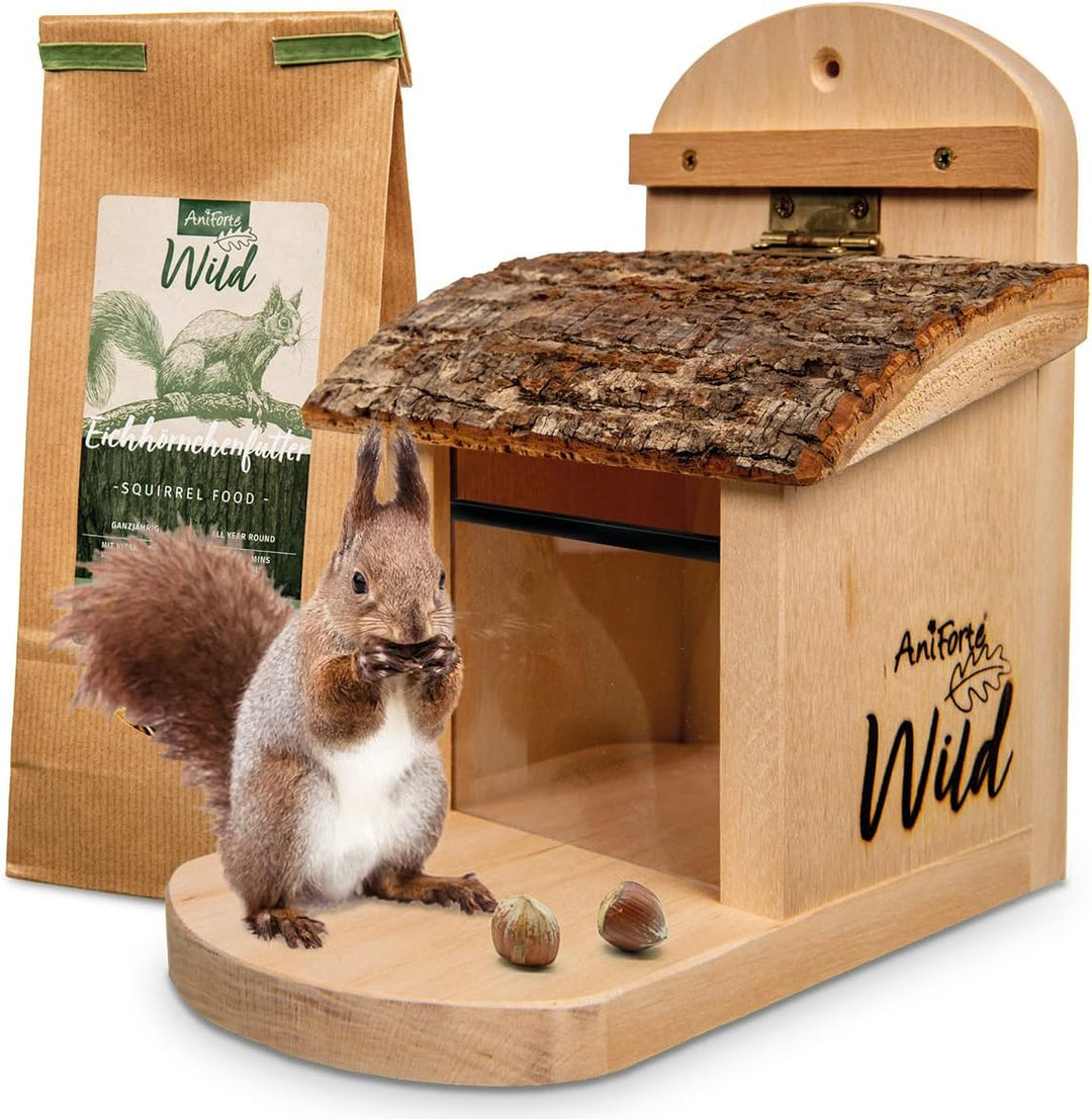 Aniforte Wild - Eichhörnchen Futterhaus inkl. Eichhörnchenfutter, Massiv-Holz aus nachhaltiger EU Wa