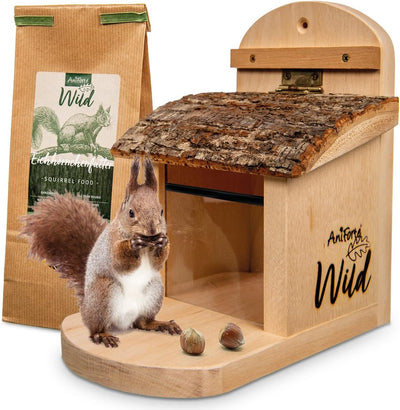 Aniforte Wild - Eichhörnchen Futterhaus inkl. Eichhörnchenfutter, Massiv-Holz aus nachhaltiger EU Wa