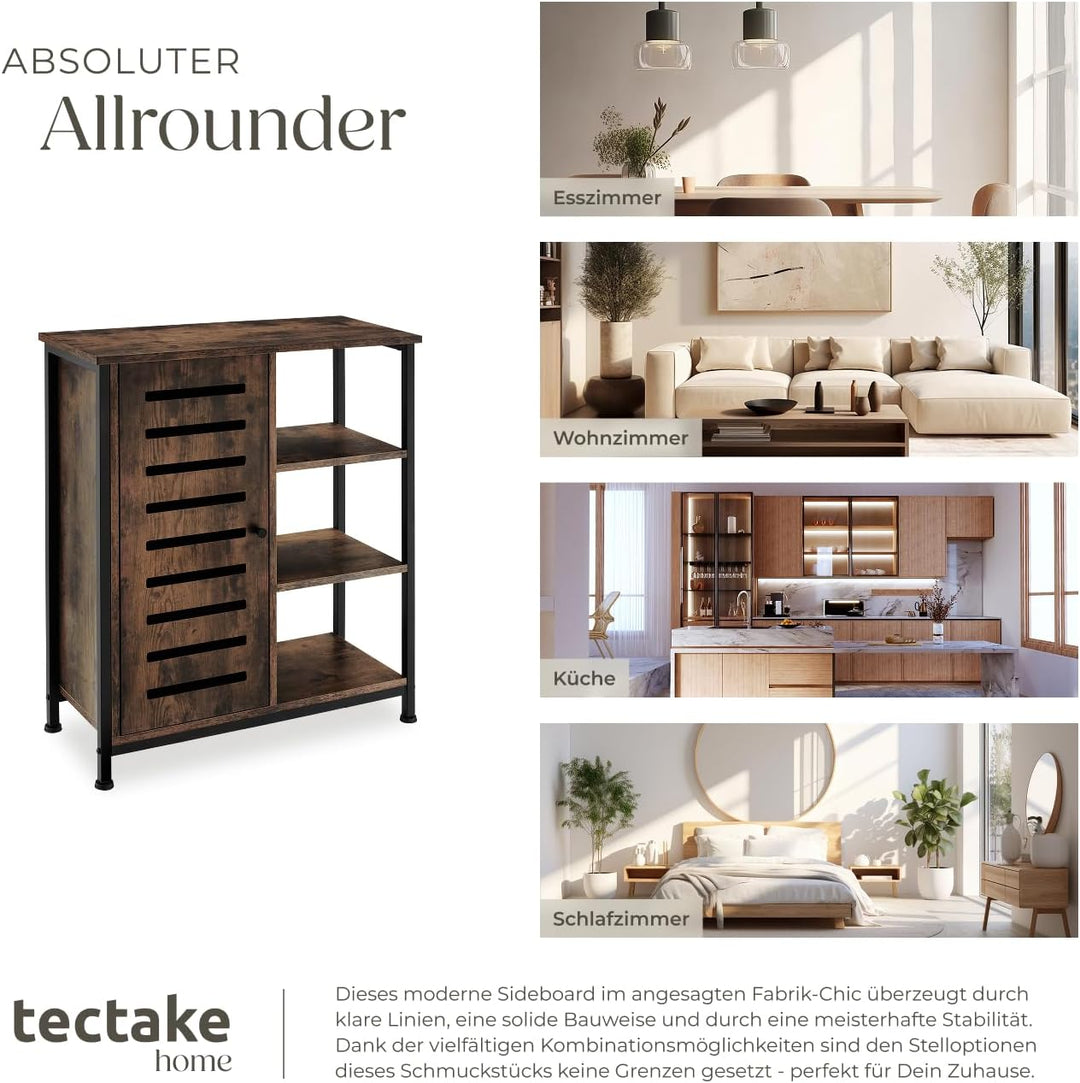 tectake Sideboard mit 3 Fächern und Schrankfach, 71 x 32 x 82 cm, Industrie-Design, Holz Kommode für