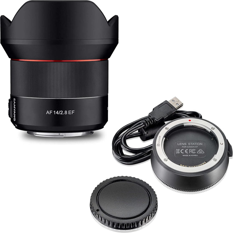 SAMYANG AF 14 mm F2.8 DSLR Autofokus Canon EF 8008 + Lens-Station Weitwinkel Objektiv mit 14 mm Fest