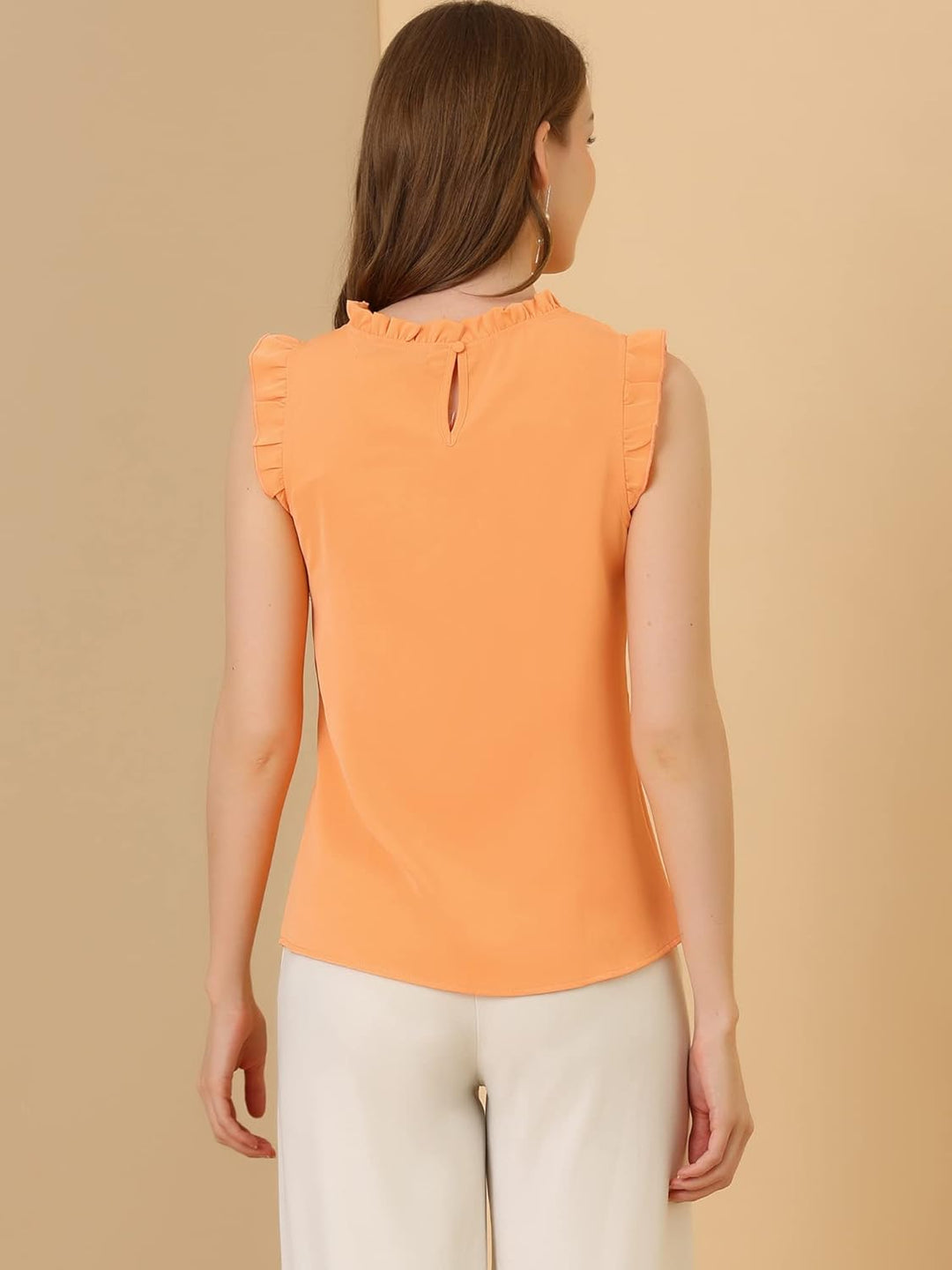 Allegra K Damen Plissee Oberteil Ärmellos Shirt Rundhals Elegante Rüschen Top Bluse XL Orange, XL Or