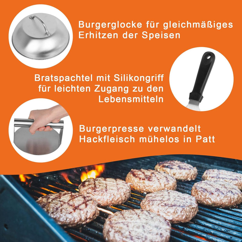 W&H Smash Burger Set aus Edelstahl, Burger Smasher Set 4-TLG. inkl. Burgerpresse, Grillspachtel, Bur