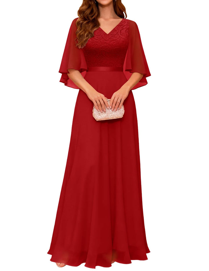 DRESSTELLS Festliche Abendkleider Damen Hochzeit Ballkleid Elegant Lang Brautkleid Standesamt Chiffo
