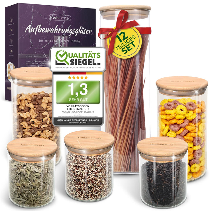 freshmaster Premium Vorratsdosen Glas mit Bambusdeckel I Vorratsgläser mit Deckel für luftdichte Auf