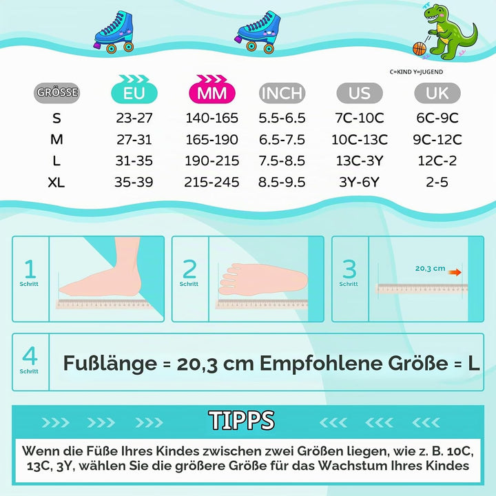 Runcinds Kinder Rollschuhe für Jungen, Kleinkinder, Mädchen 4 Grössen Verstellbare, mit leuchtenden