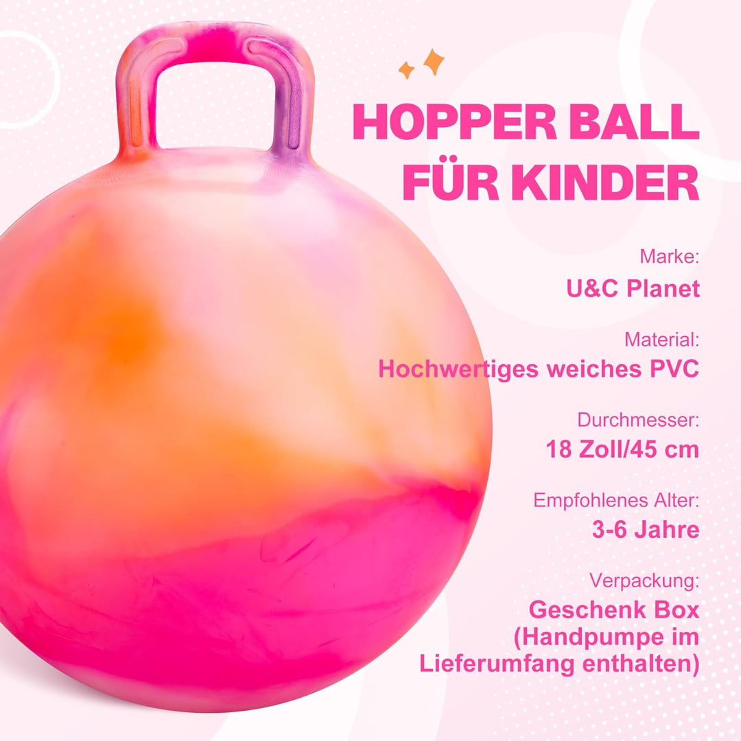 U&C Planet 45cm Hüpfball Sprungball mit Griff, 100 KG belastbar Space Hopper mit Luftpumpe Spielzeug