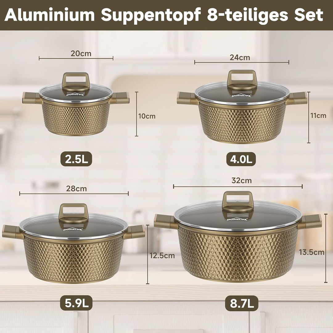 HOMELUX Topfset Induktion 8-teilig, 20/24/28/32cm Kochtopf Set mit Antihaftbeschichtet, Kochtöpfe In